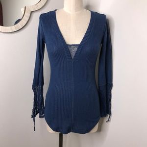 William Rast Blue Thermal Lace Sleeve Top